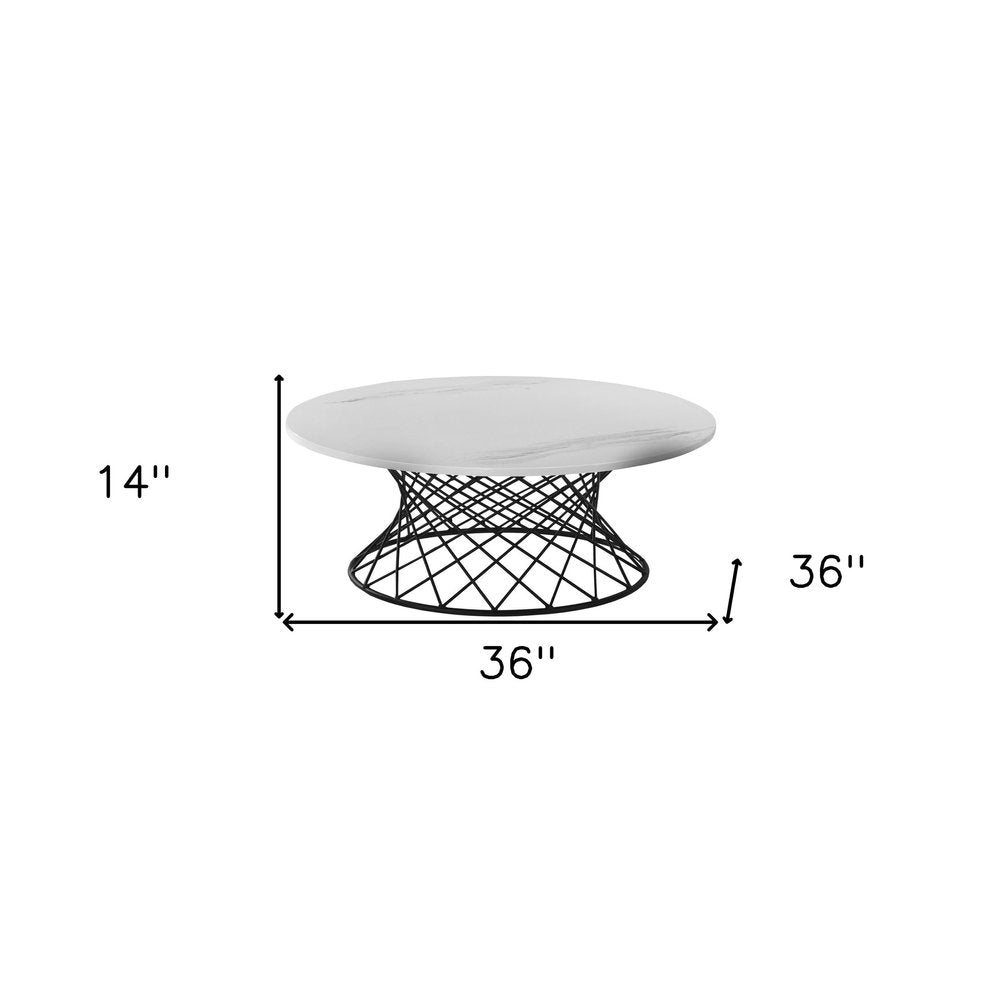 White and Black Genuine Marble and Metal Round Coffee Table - 36-inch