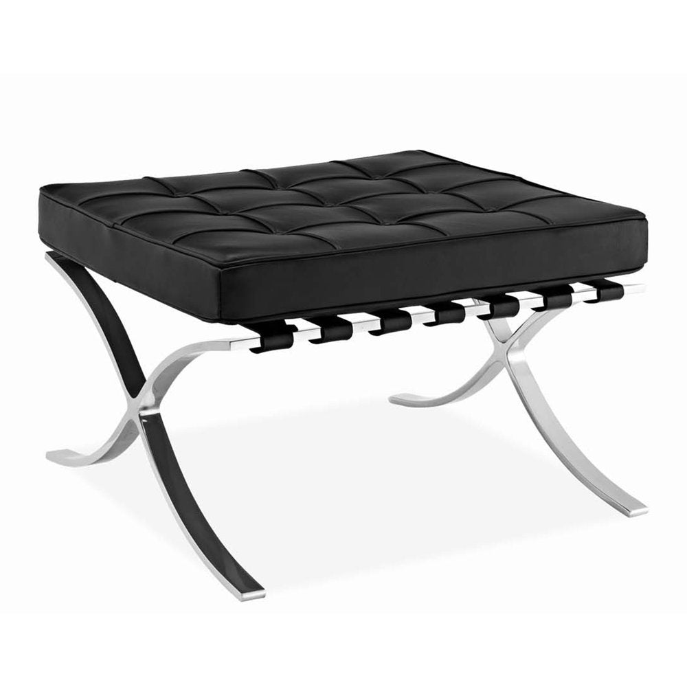 Black Genuine Leather and Silver Tufted Footstool Ottoman - 24-inch