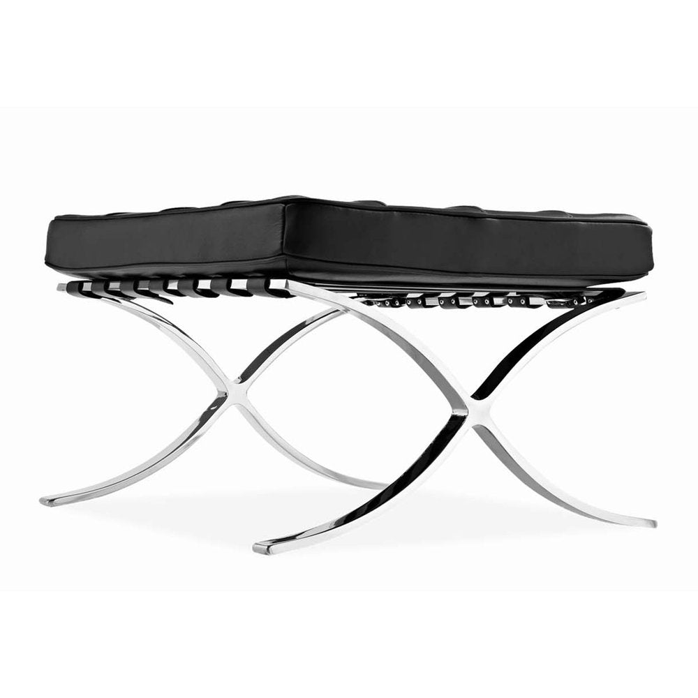 Black Genuine Leather and Silver Tufted Footstool Ottoman - 24-inch