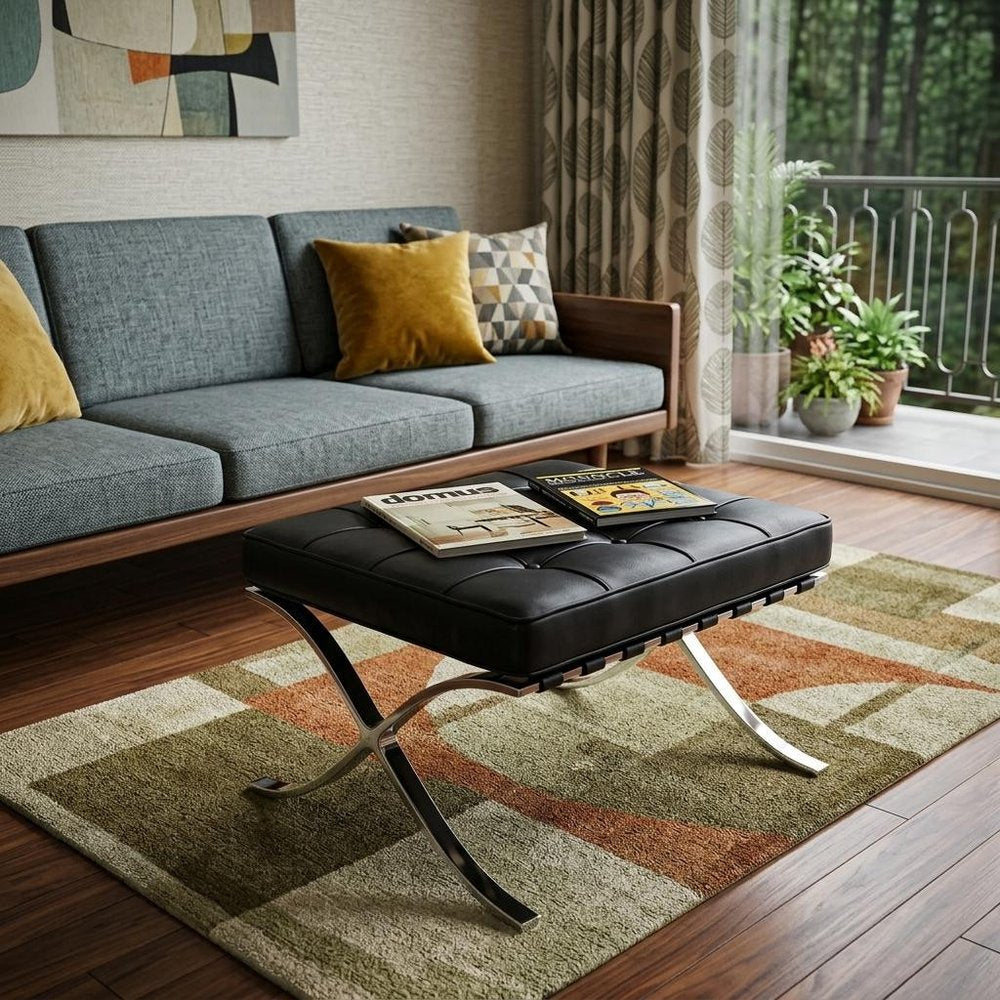 Black Genuine Leather and Silver Tufted Footstool Ottoman - 24-inch