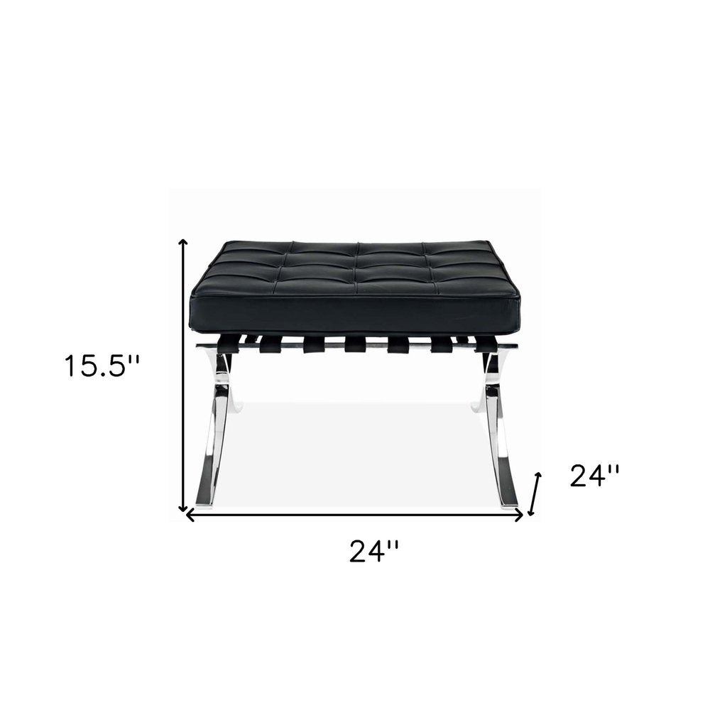 Black Genuine Leather and Silver Tufted Footstool Ottoman - 24-inch