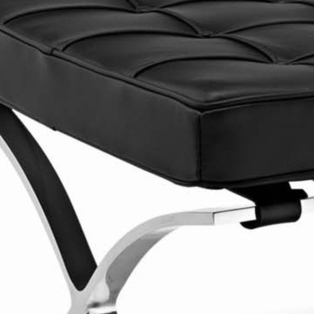 Black Genuine Leather and Silver Tufted Footstool Ottoman - 24-inch