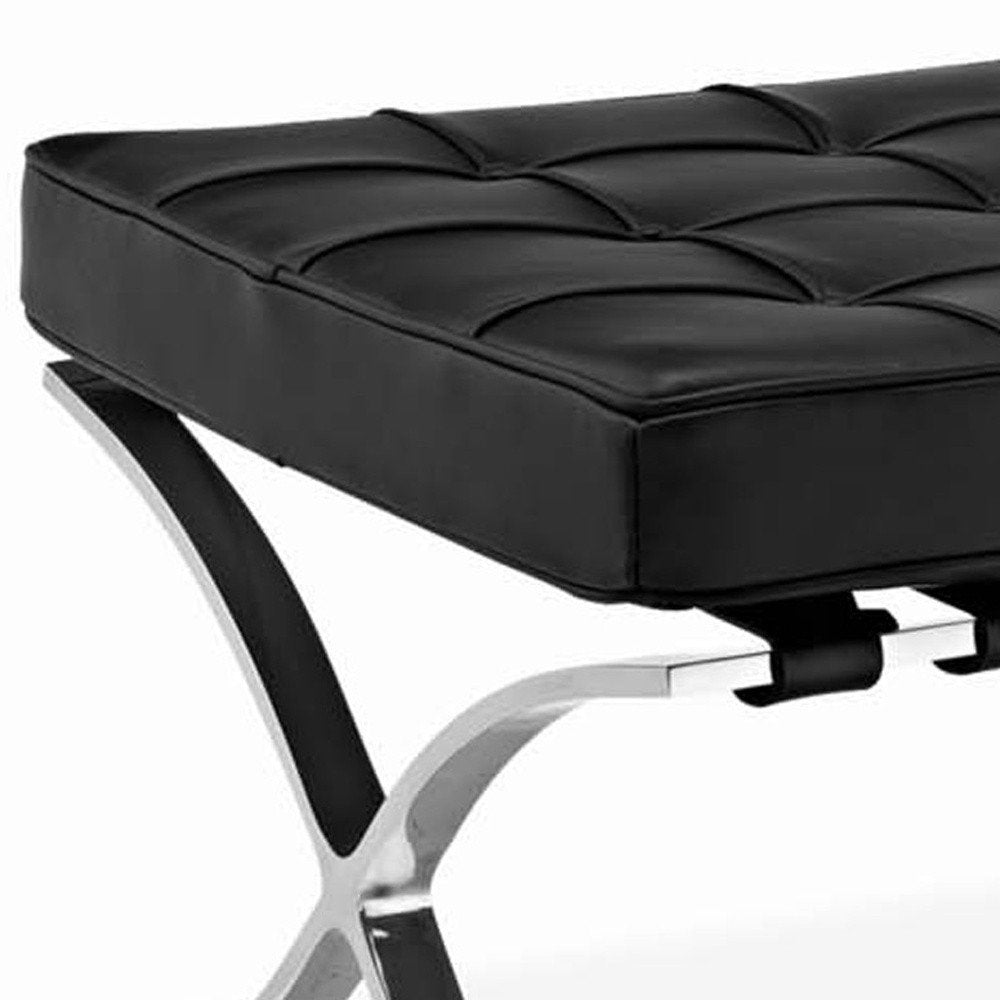 Black Genuine Leather and Silver Tufted Footstool Ottoman - 24-inch