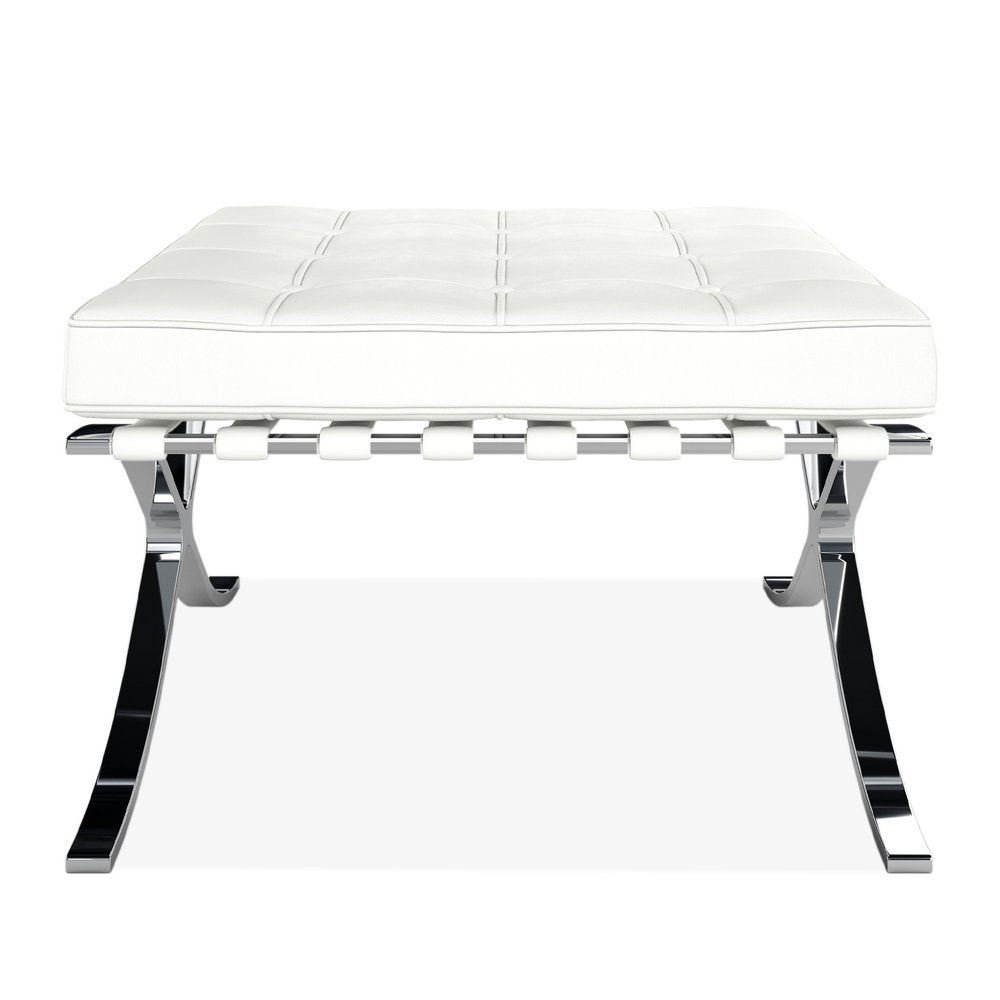 White Genuine Leather and Silver Tufted Footstool Ottoman - 24-inch