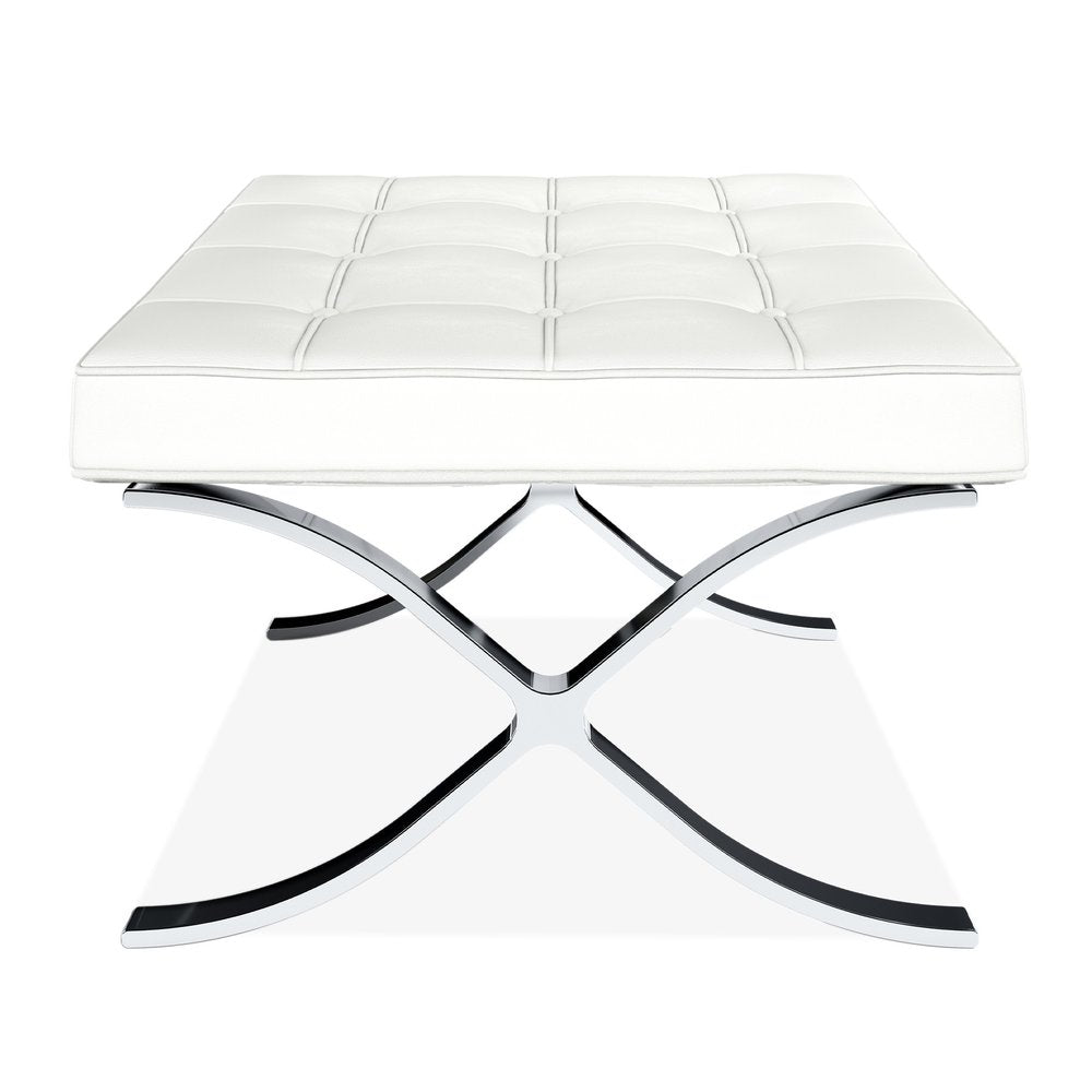 White Genuine Leather and Silver Tufted Footstool Ottoman - 24-inch
