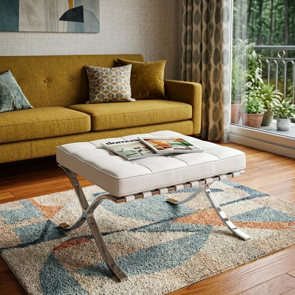 White Genuine Leather and Silver Tufted Footstool Ottoman - 24-inch