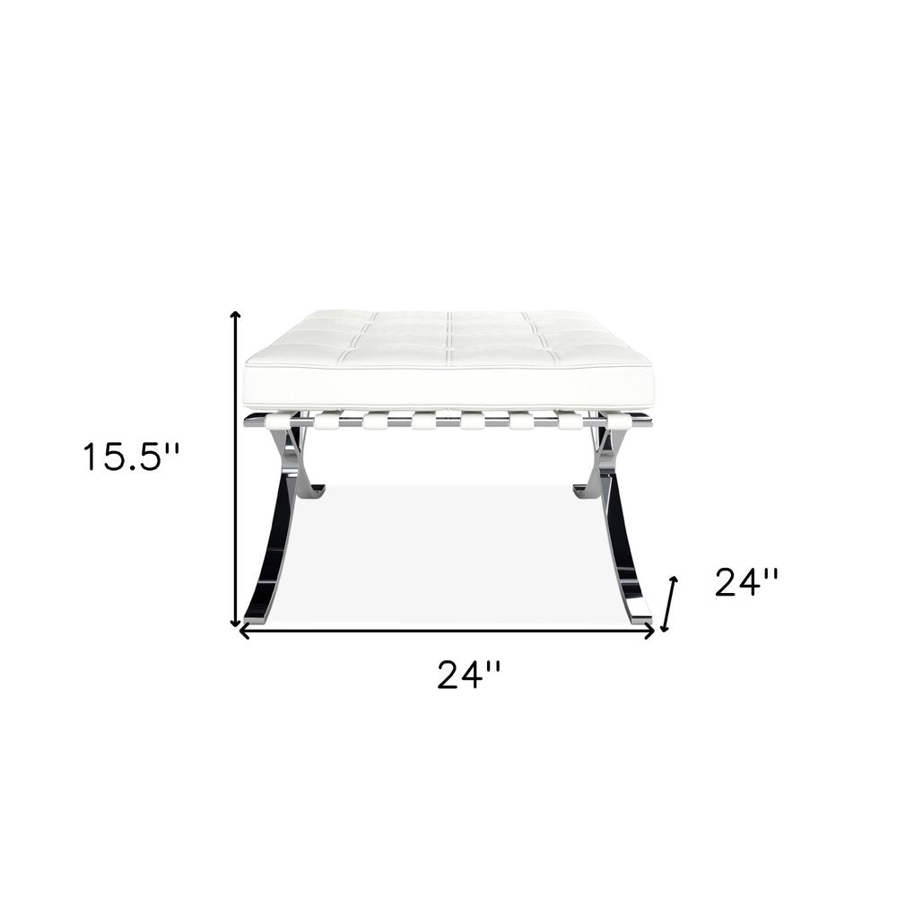 White Genuine Leather and Silver Tufted Footstool Ottoman - 24-inch