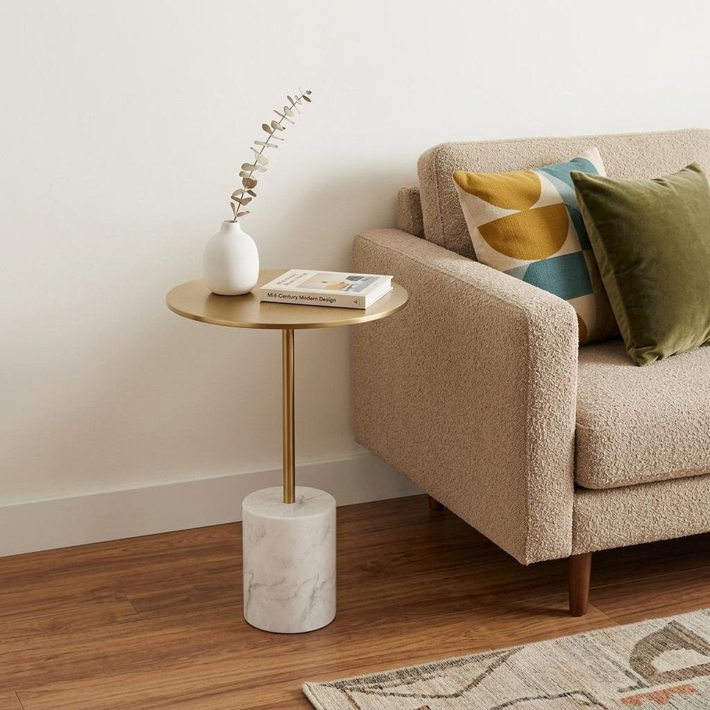 White and Gold Steel and Marble Round End Table - 20-inch