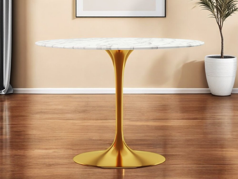 White and Gold Rounded Marble and Metal Pedestal Base Dining Table - 40-inch