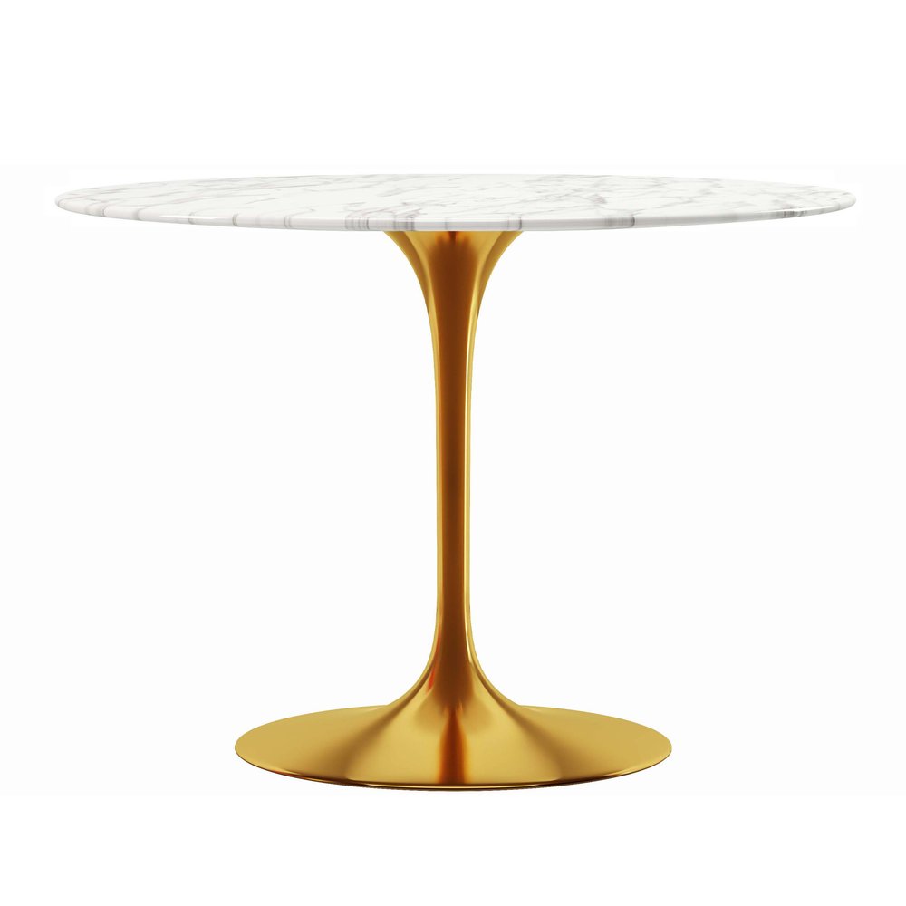 White and Gold Rounded Marble and Metal Pedestal Base Dining Table - 40-inch
