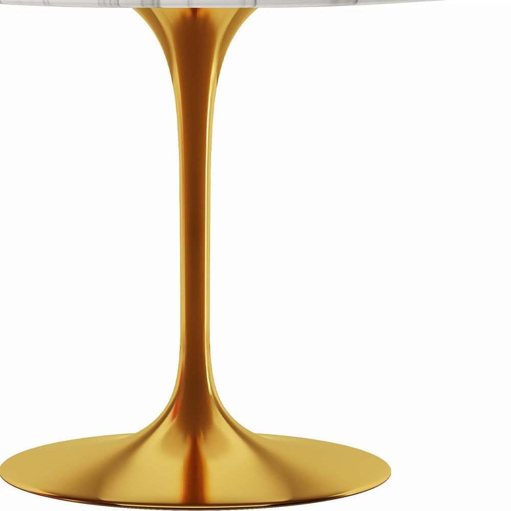 White and Gold Rounded Marble and Metal Pedestal Base Dining Table - 40-inch