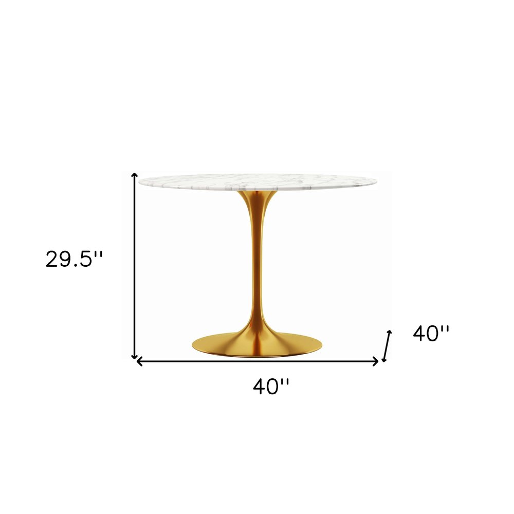 White and Gold Rounded Marble and Metal Pedestal Base Dining Table - 40-inch