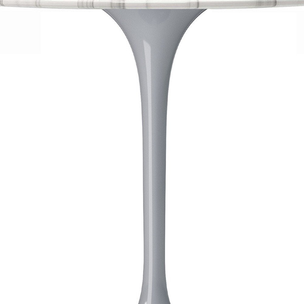 White and Gray Rounded Marble and Metal Pedestal Base Dining Table - 40-inch