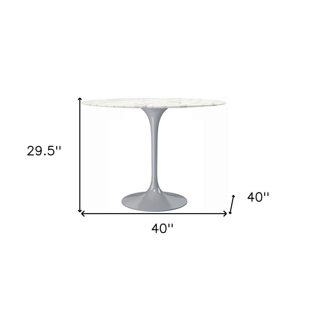 White and Gray Rounded Marble and Metal Pedestal Base Dining Table - 40-inch