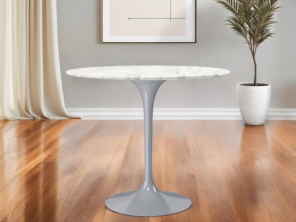 White and Gray Rounded Marble and Metal Pedestal Base Dining Table - 40-inch