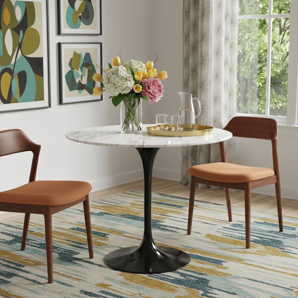 White and Black Marble and Metal Dining Table - 32-inch