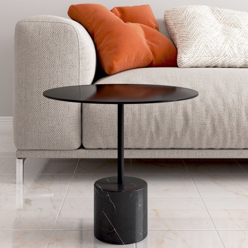 Black Steel and Stone Round Coffee Table - 17-inch
