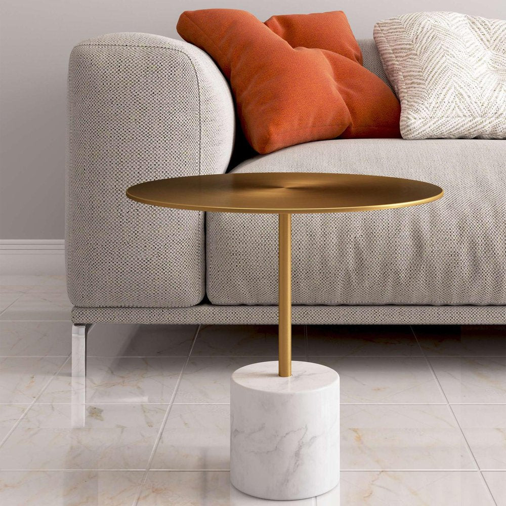 Gold and White Steel and Stone Round Coffee Table - 17-inch
