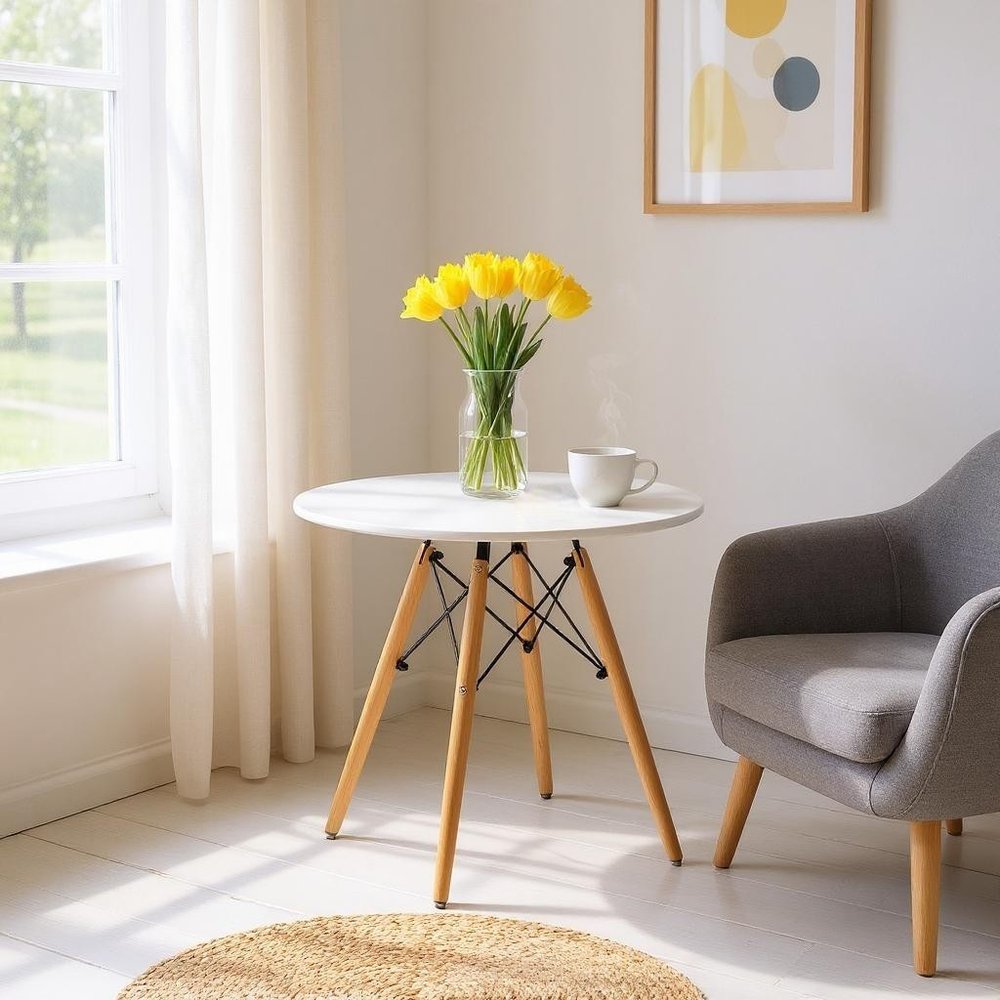White and Natural Rounded Fiberglass and Solid Wood Dining Table - 30-inch
