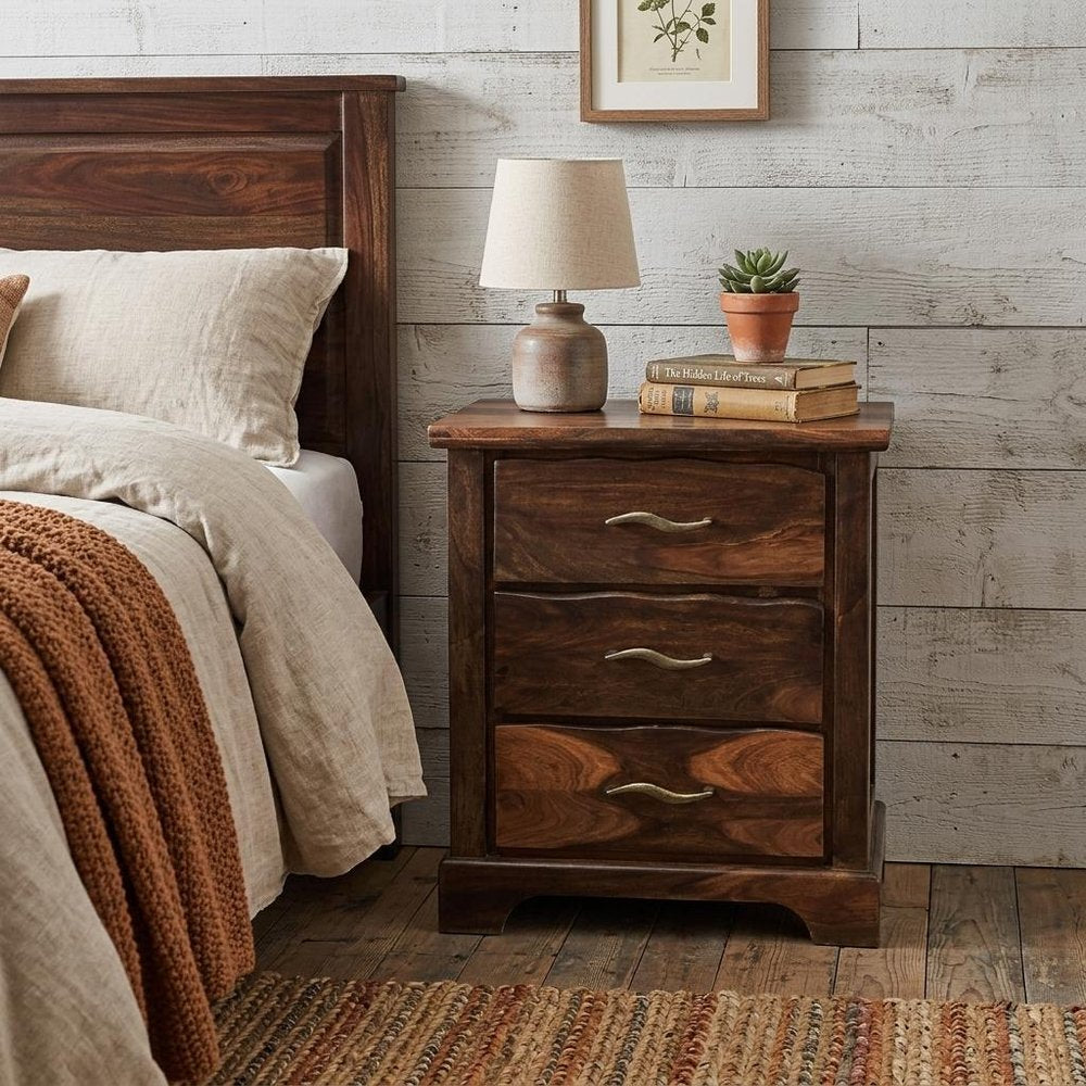 Dark Brown Solid Wood Three Drawer Nightstand - 27-inch
