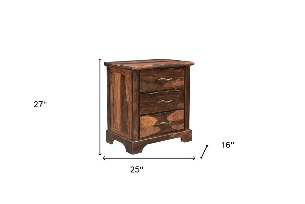 Dark Brown Solid Wood Three Drawer Nightstand - 27-inch