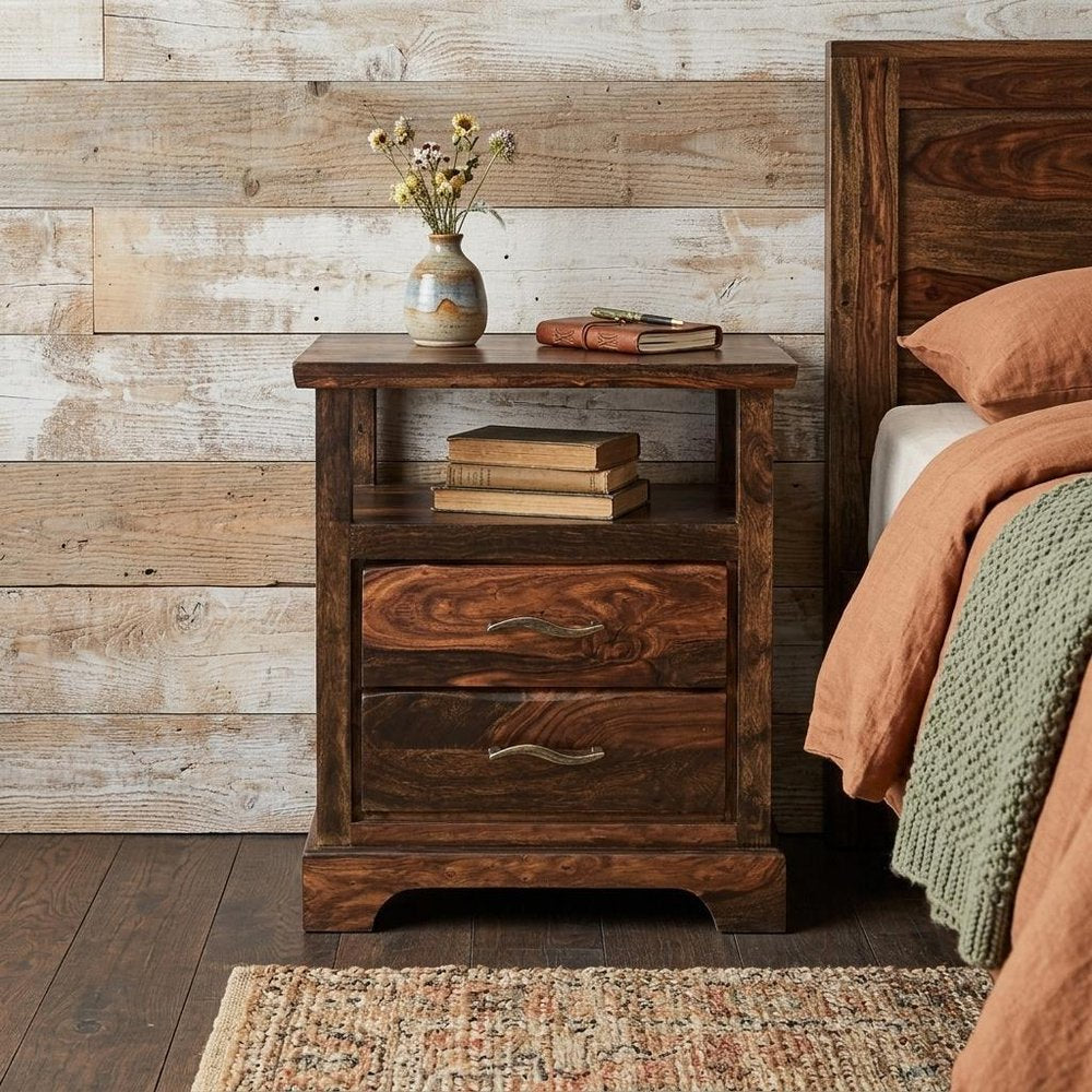 Dark Brown Solid Wood Two Drawer Nightstand - 27-inch