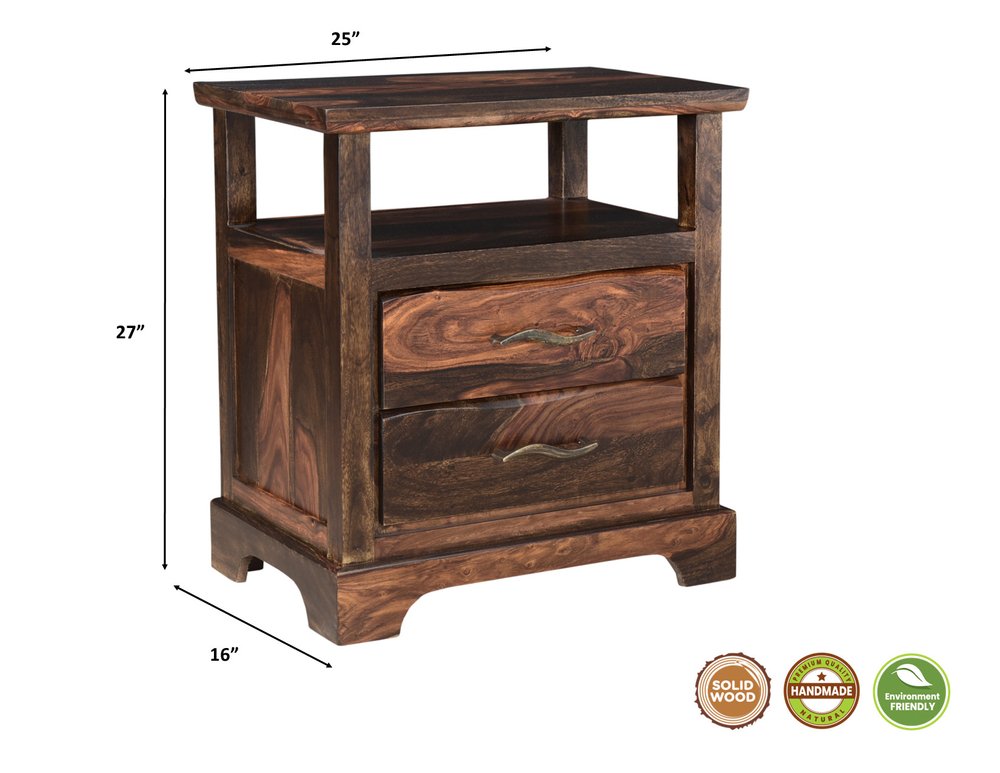 Dark Brown Solid Wood Two Drawer Nightstand - 27-inch