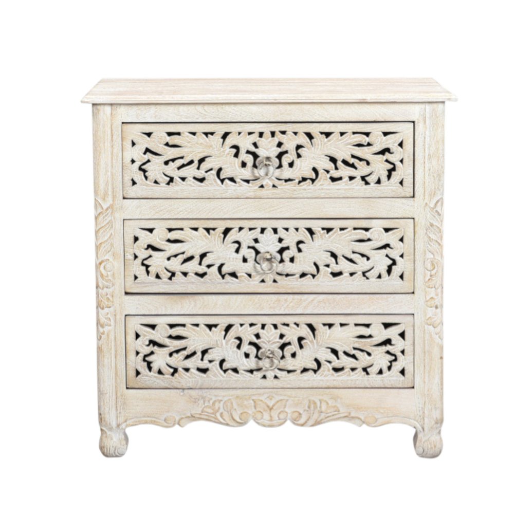 White Solid Wood Distressed Three Drawer Nightstand - 30-inch
