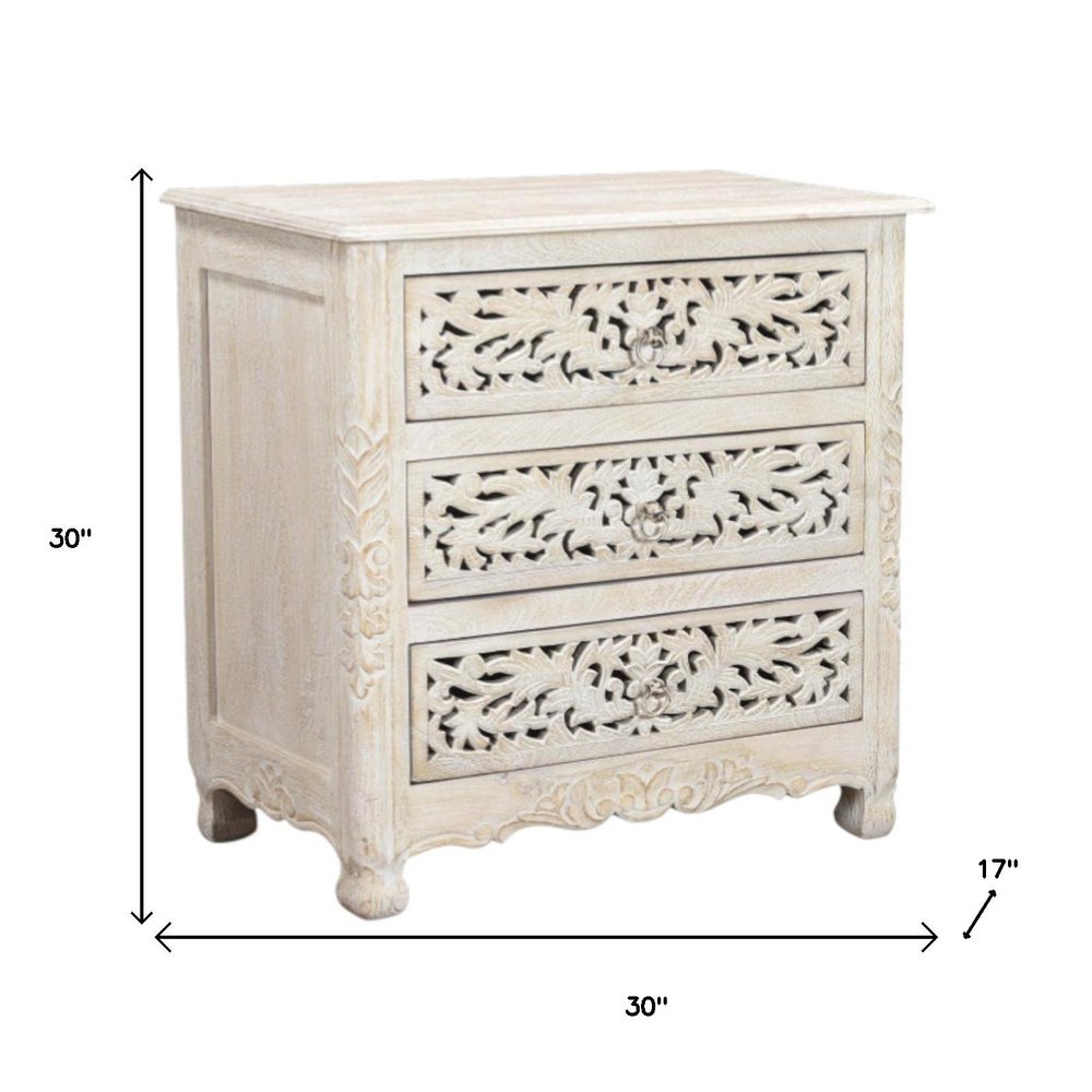White Solid Wood Distressed Three Drawer Nightstand - 30-inch
