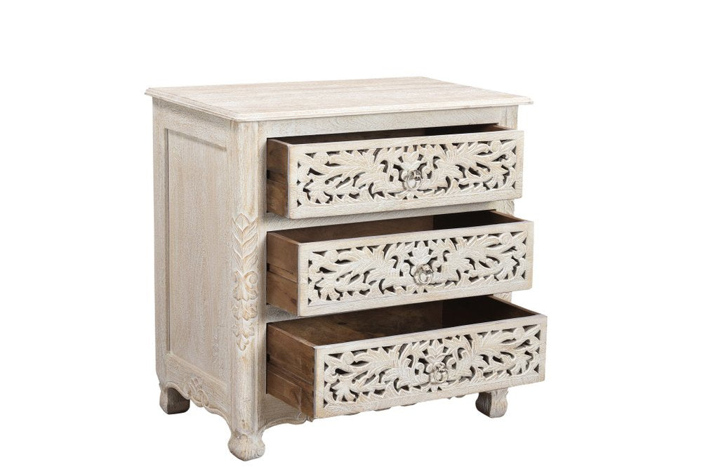 White Solid Wood Distressed Three Drawer Nightstand - 30-inch