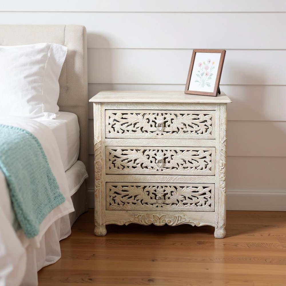 White Solid Wood Distressed Three Drawer Nightstand - 30-inch