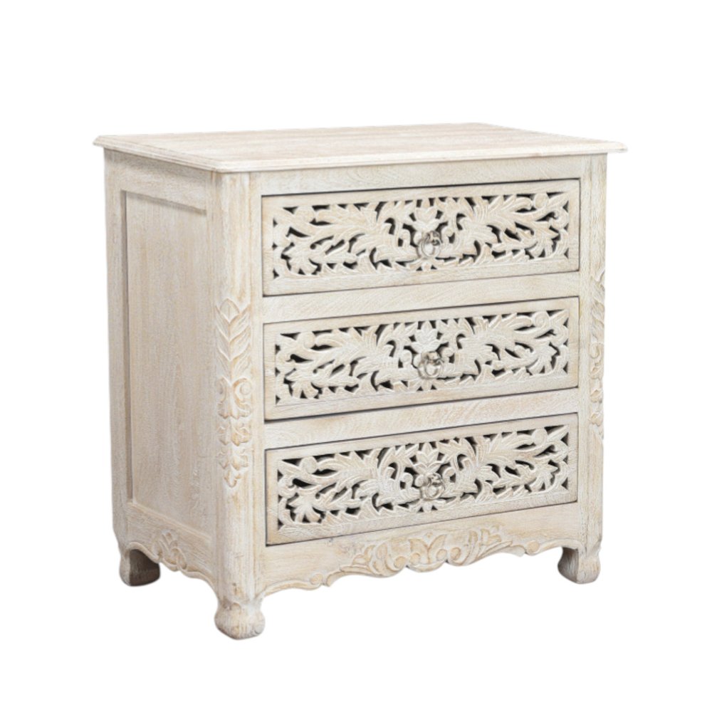 White Solid Wood Distressed Three Drawer Nightstand - 30-inch