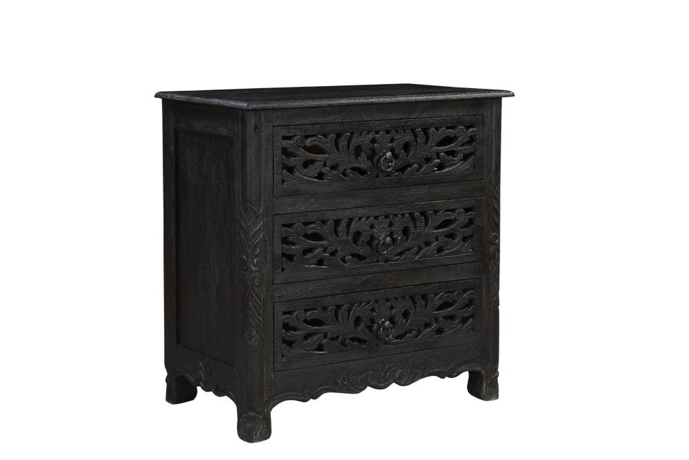 Black Solid Wood Distressed Three Drawer Nightstand - 30-inch