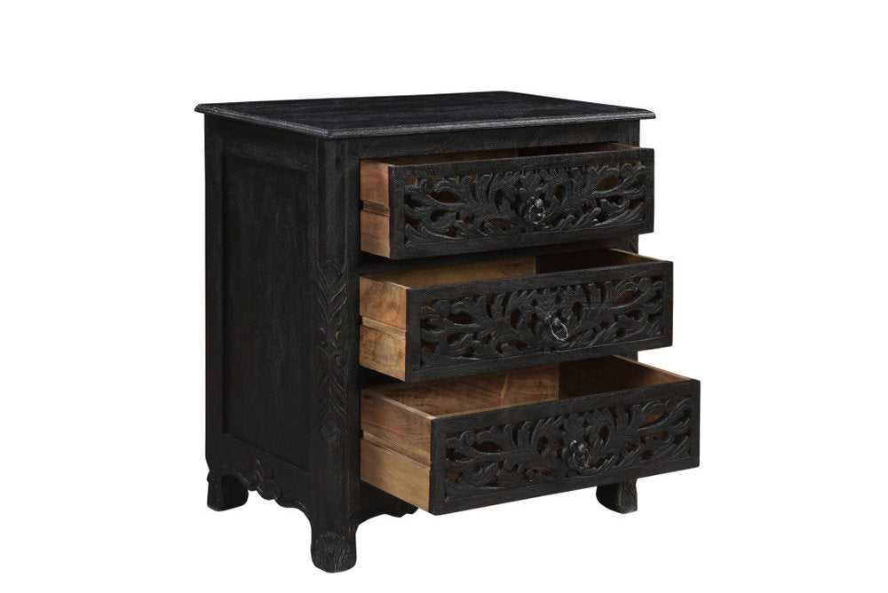 Black Solid Wood Distressed Three Drawer Nightstand - 30-inch
