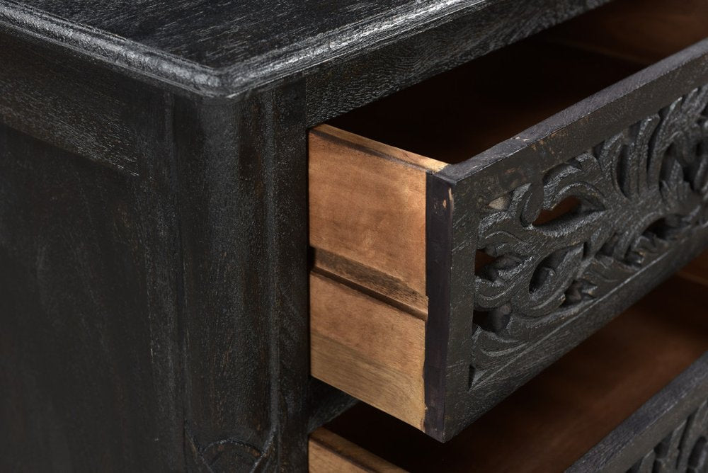 Black Solid Wood Distressed Three Drawer Nightstand - 30-inch