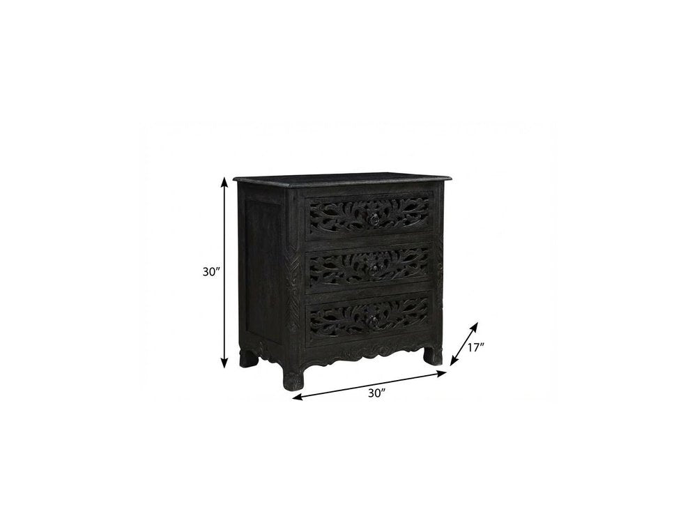 Black Solid Wood Distressed Three Drawer Nightstand - 30-inch