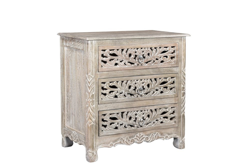 Distressed Gray Three Drawer Floral Carved Solid Wood Nightstand - 30-inch