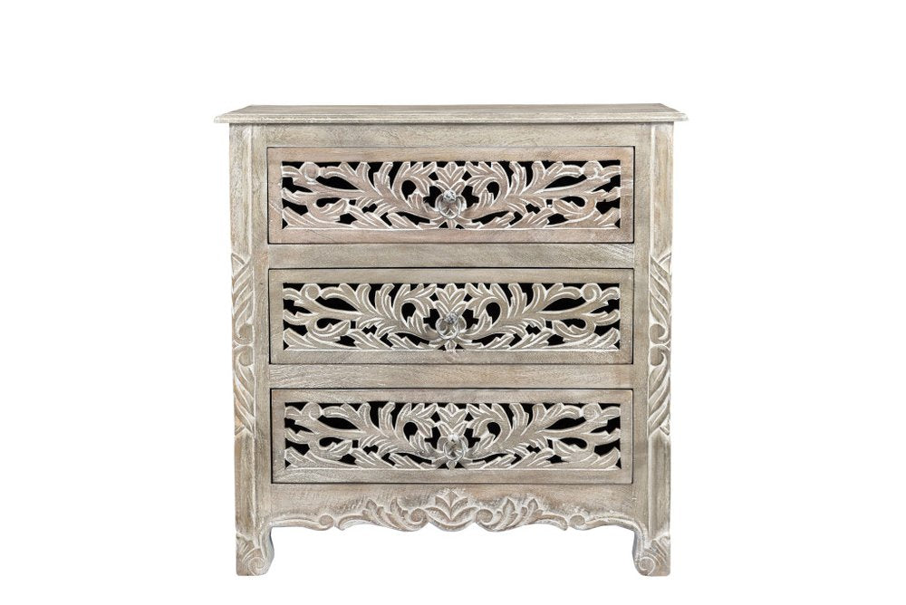 Distressed Gray Three Drawer Floral Carved Solid Wood Nightstand - 30-inch