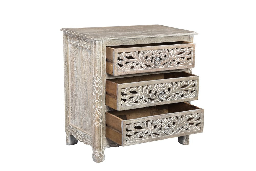 Distressed Gray Three Drawer Floral Carved Solid Wood Nightstand - 30-inch