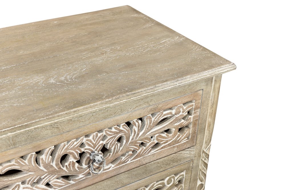 Distressed Gray Three Drawer Floral Carved Solid Wood Nightstand - 30-inch
