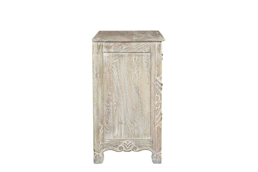 Distressed Gray Three Drawer Floral Carved Solid Wood Nightstand - 30-inch