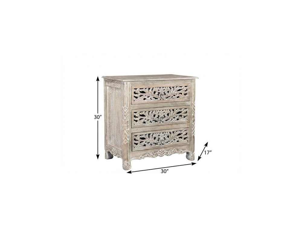 Distressed Gray Three Drawer Floral Carved Solid Wood Nightstand - 30-inch