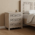 Distressed Gray Three Drawer Floral Carved Solid Wood Nightstand - 30-inch
