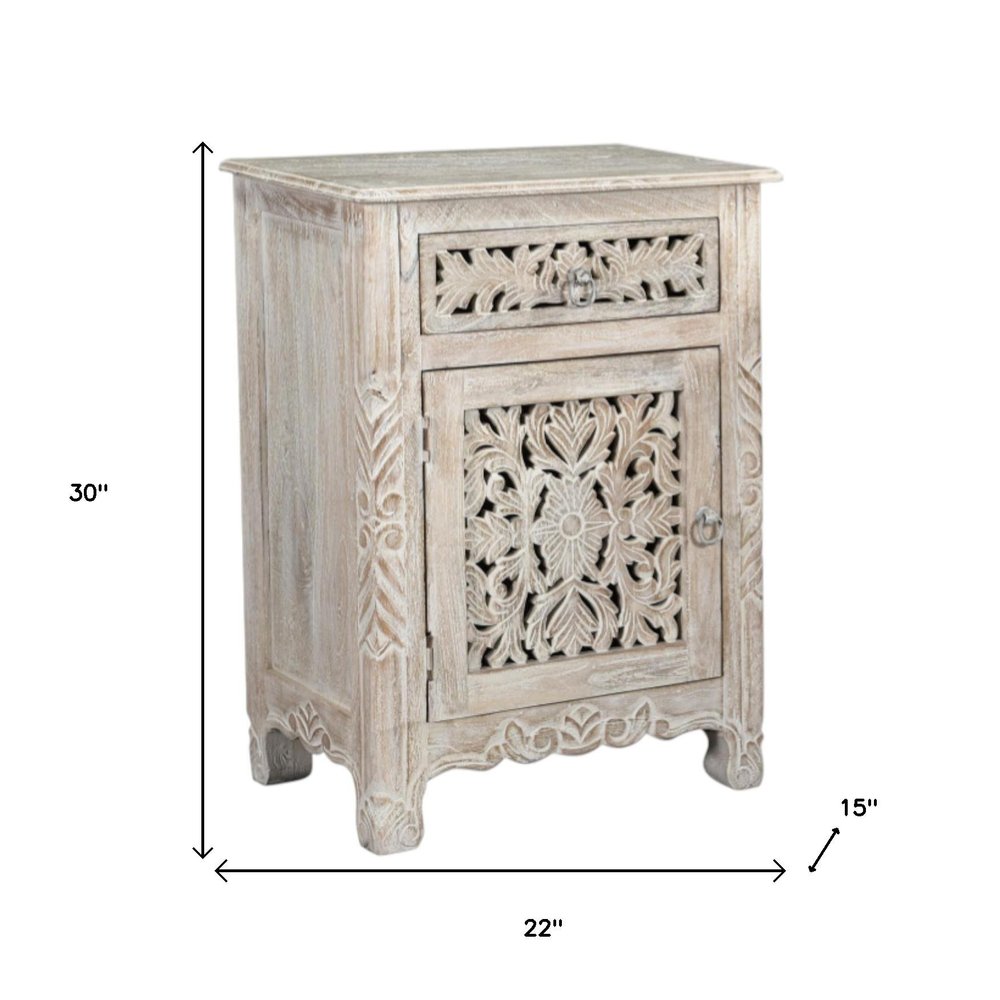 White Solid Wood Distressed One Drawer Nightstand - 30-inch