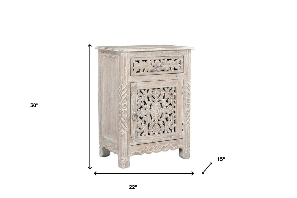 Distressed White One Drawer Carved Floral Solid Wood Nightstand - 30-inch