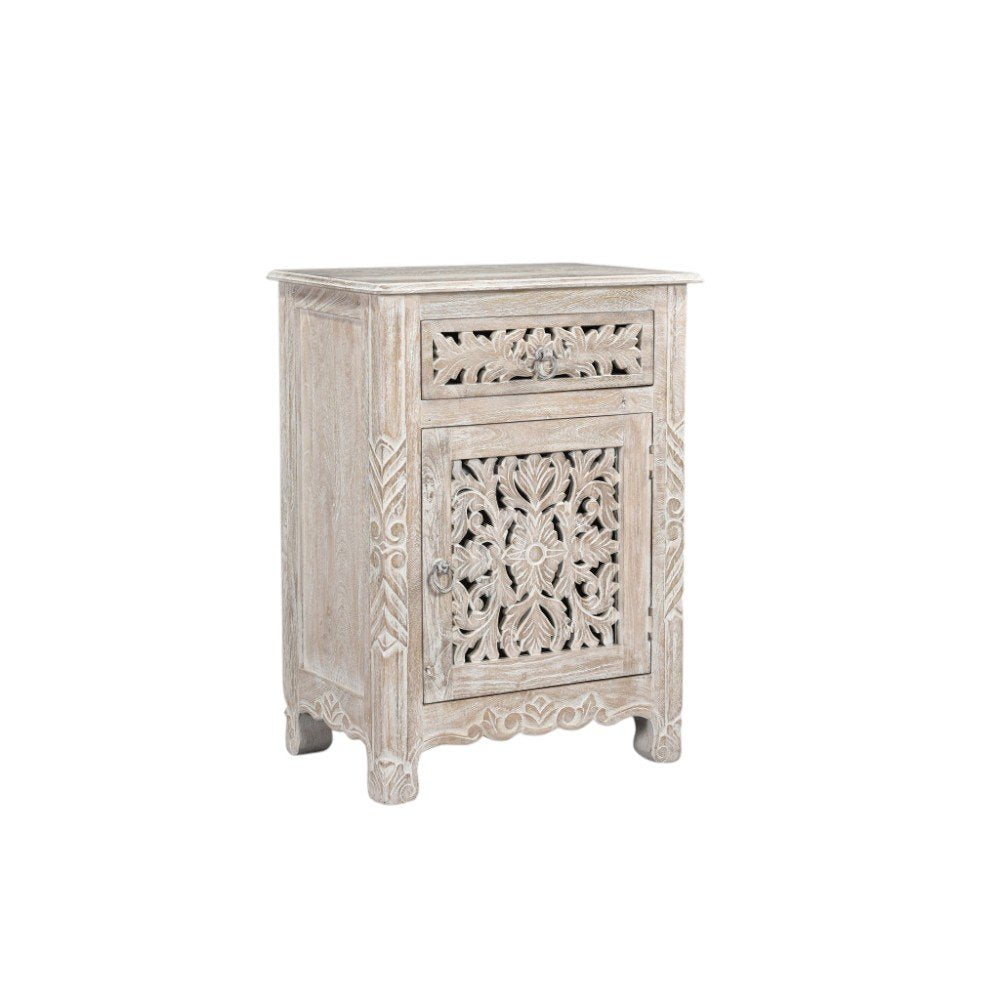 Distressed White One Drawer Carved Floral Solid Wood Nightstand - 30-inch
