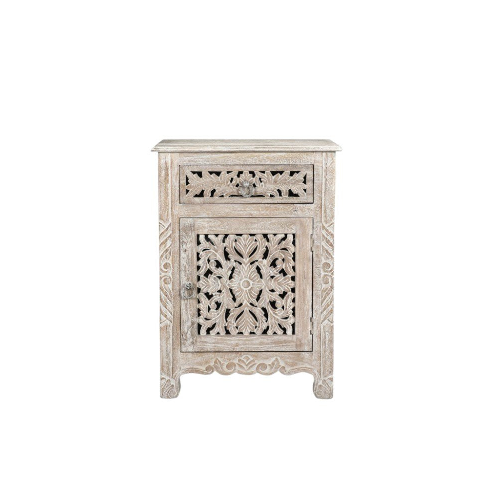 Distressed White One Drawer Carved Floral Solid Wood Nightstand - 30-inch