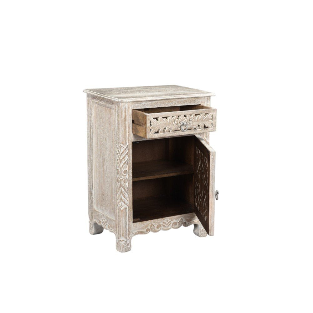 Distressed White One Drawer Carved Floral Solid Wood Nightstand - 30-inch