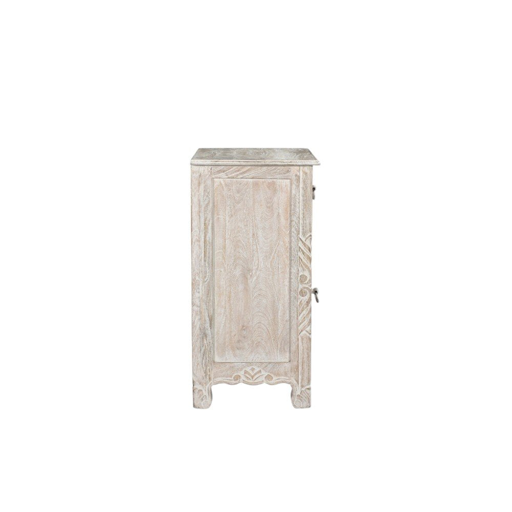 Distressed White One Drawer Carved Floral Solid Wood Nightstand - 30-inch