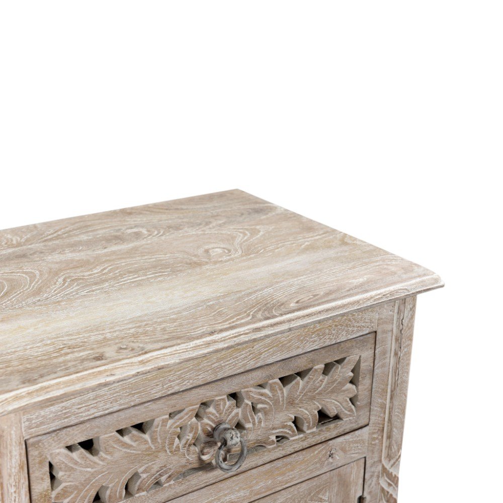 Distressed White One Drawer Carved Floral Solid Wood Nightstand - 30-inch